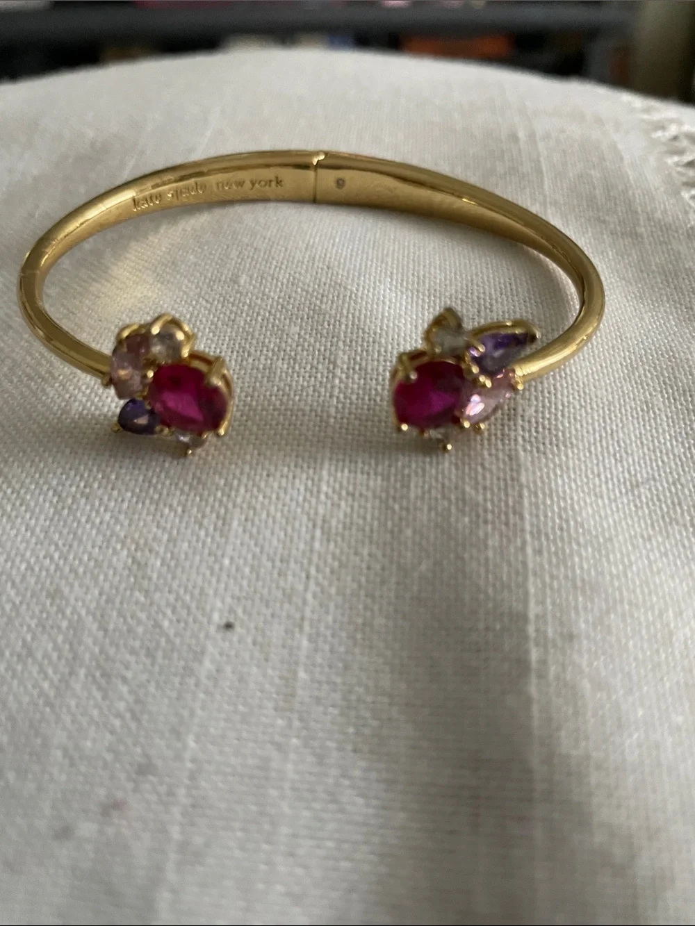 kate spade Gold Open Cuff  Ruby Bracelet with Pink and Purple Gems